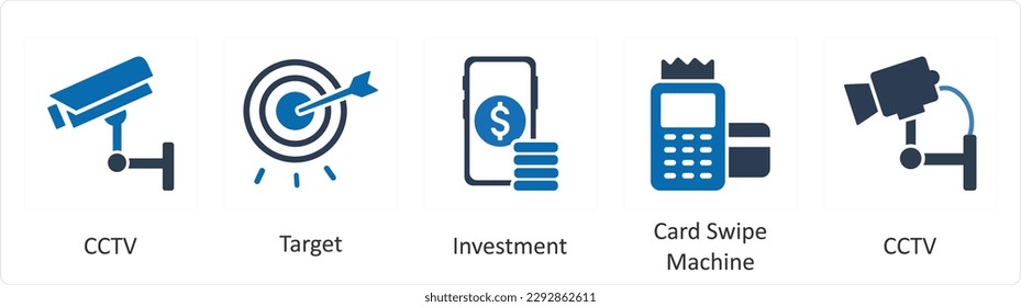 A set of 5 Mix icons as cctv, target, investment