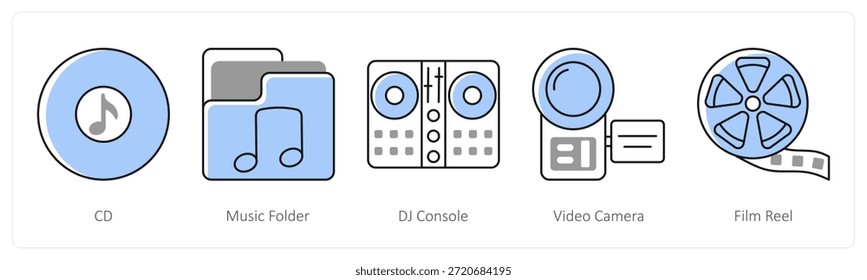 A set of 5 mix icons as cd, music folder, dj console in grey color