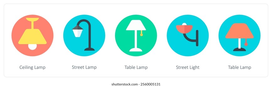 A set of 5 mix icons as ceiling lamp, street lamp, table lamp