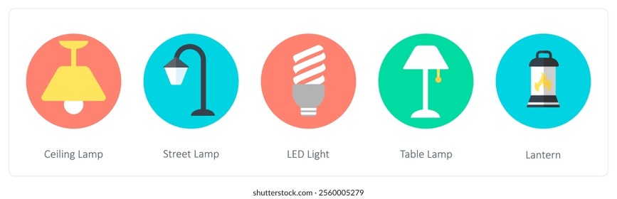 A set of 5 mix icons as ceiling lamp, street lamp, led light