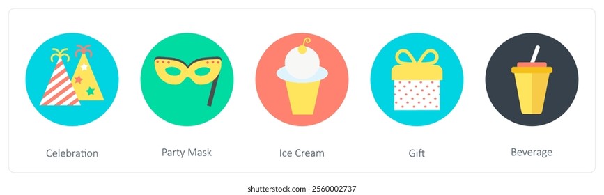 A set of 5 mix icons as celebration, party mask, ice cream