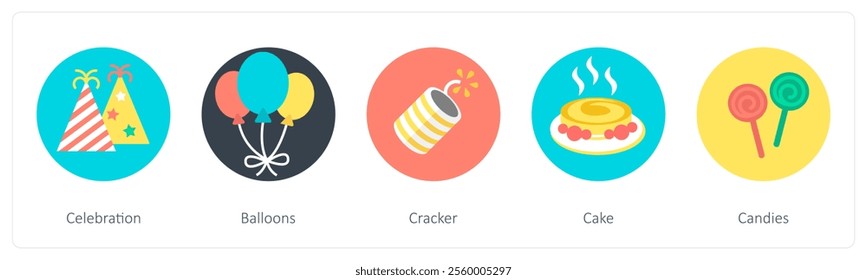 A set of 5 mix icons as celebration, balloons, cracker