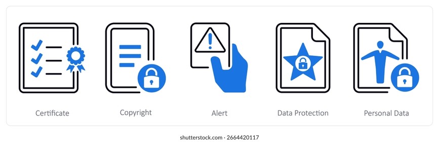 Un conjunto de 5 iconos de mezcla como certificado, Derechos de autor, alerta