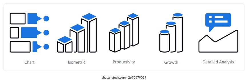 A set of 5 mix icons as chart, isometric, productivity