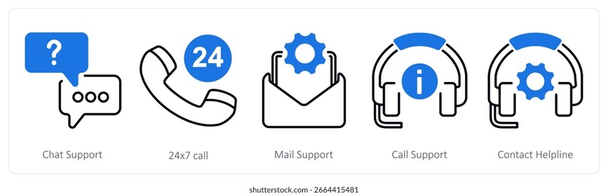 Um conjunto de 5 ícones mistos como suporte a chat, chamada 24x7, suporte por email