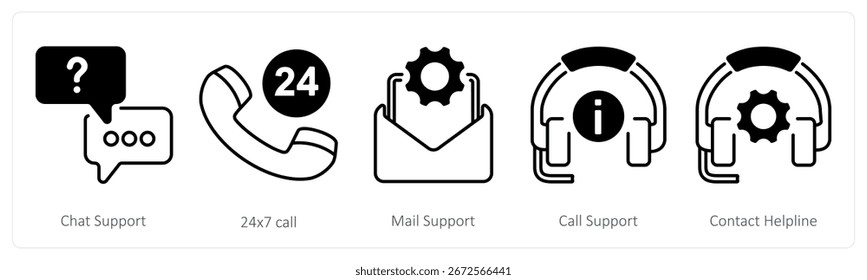 A set of 5 mix icons as chat support, 24x7 call, mail support