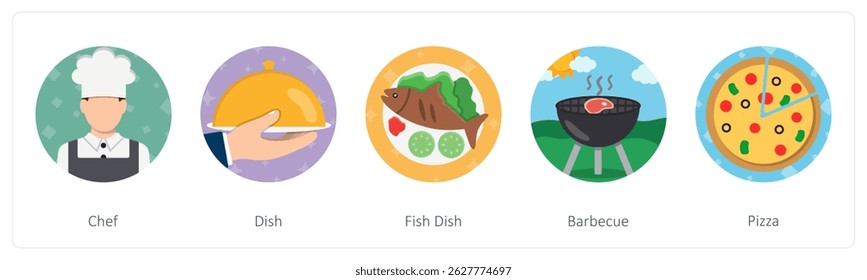 Um conjunto de 5 ícones de mistura como chef, prato, prato de peixe