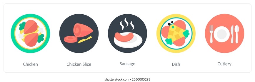 A set of 5 mix icons as chicken, chicken slice, sausage