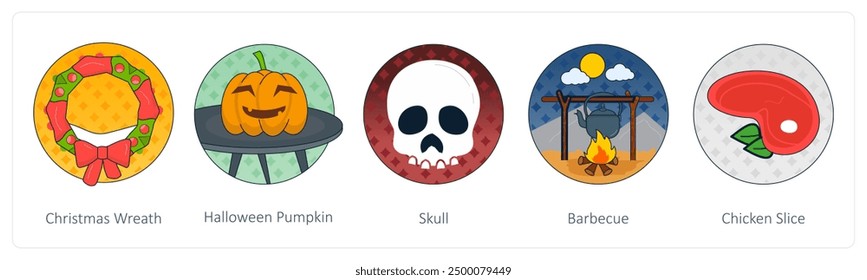 A set of 5 Mix icons as christmas wreath, halloween pumpkin, skull