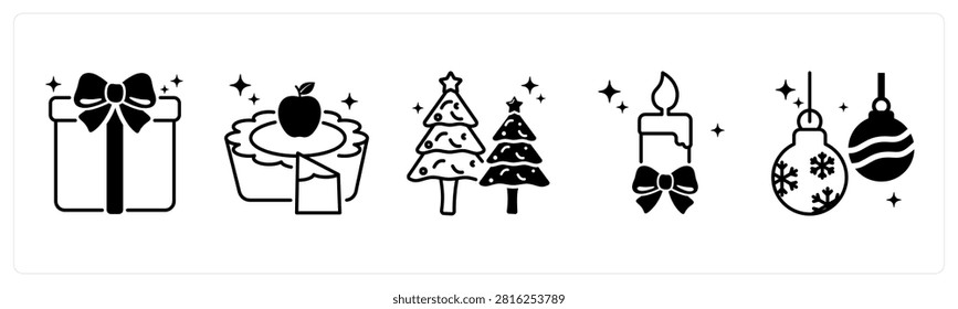 A set of 5 mix icons as christmas gift, apple pie, christmas tree in red color