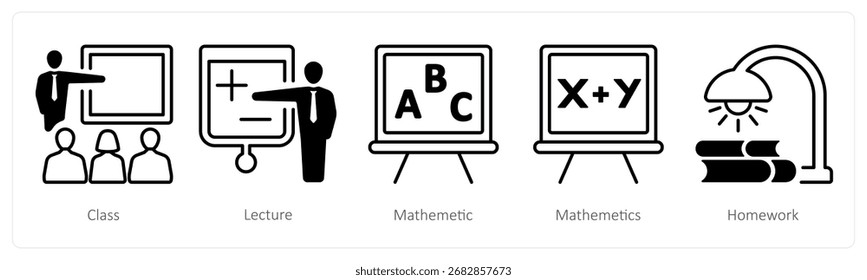 Un conjunto de 5 iconos de mezcla como clase, conferencia, matemática
