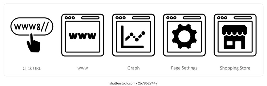 Un conjunto de 5 iconos de mezcla como Hacer clic url, ww, graph