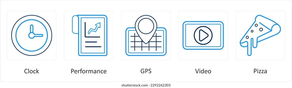 Un conjunto de 5 iconos de mezcla como reloj, rendimiento, gps