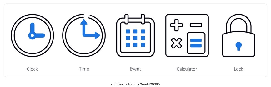 Un conjunto de 5 iconos de mezcla como reloj, hora, evento