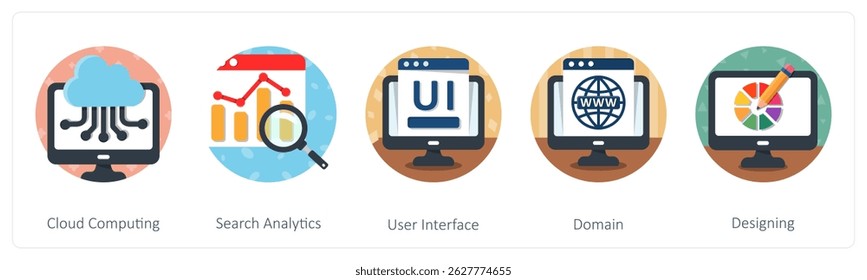 Um conjunto de 5 ícones mistos como computação em nuvem, análise de pesquisa, interface do usuário