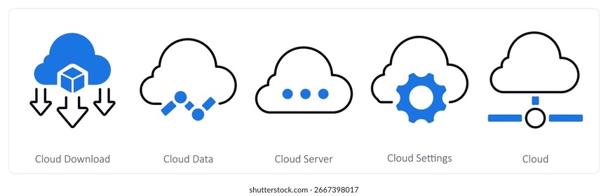 Um conjunto de 5 ícones mistos como download de nuvem, dados de nuvem, servidor de nuvem