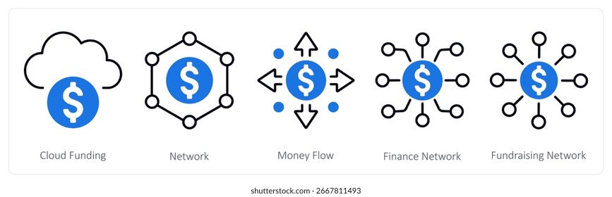 A set of 5 mix icons as cloud funding, network, money flow