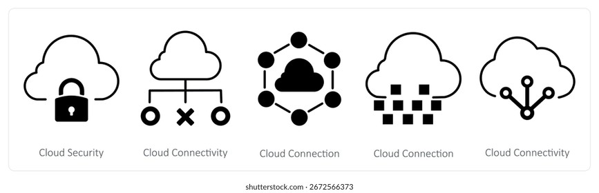 Um conjunto de 5 ícones mistos como segurança de nuvem, conectividade de nuvem, conexão de nuvem