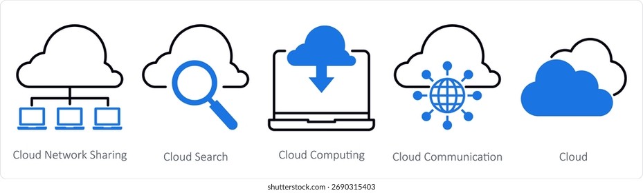 Un conjunto de 5 iconos de mezcla como el uso compartido de redes en la nube, búsqueda en la nube