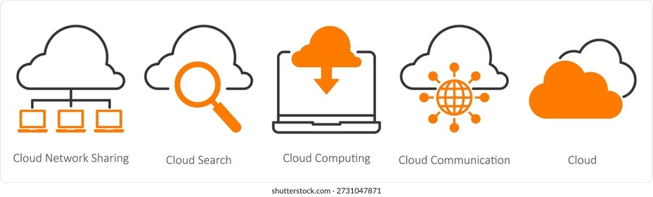 A set of 5 mix icons as cloud network sharing, cloud search