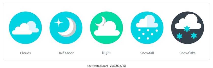 A set of 5 mix icons as clouds, half moon, night