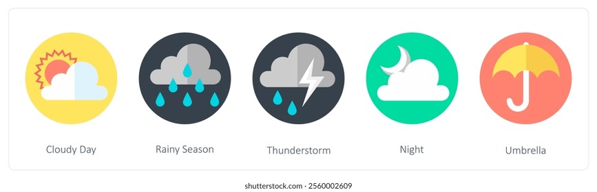 A set of 5 mix icons as cloudy day, rainy season, thunderstorm