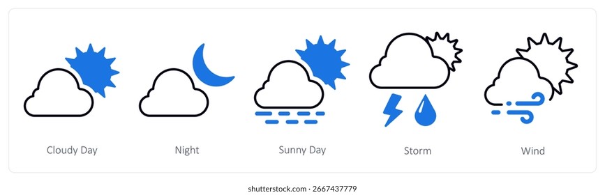 Un conjunto de 5 iconos de mezcla como día nublado, noche, día soleado