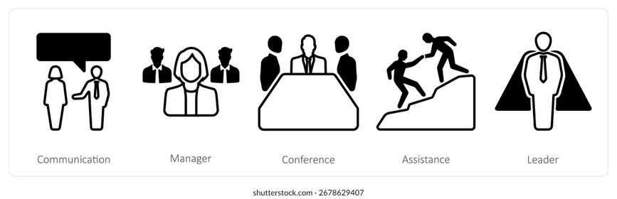 Un conjunto de 5 iconos de mezcla como comunicación, gerente, conferencia