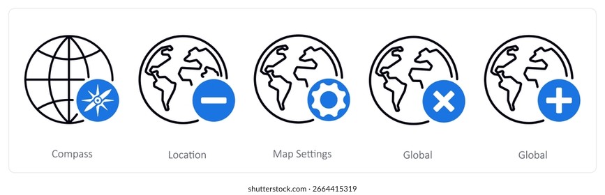 A set of 5 mix icons as compass, location, map settings