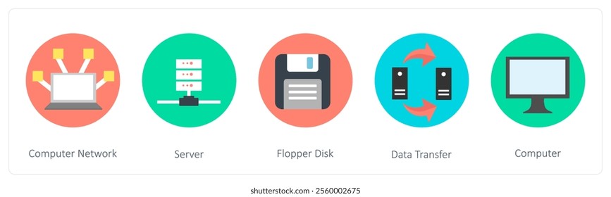 A set of 5 mix icons as computer network, server, floppy dis