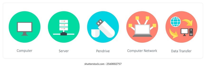 A set of 5 mix icons as computer, server, pen drive