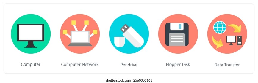 A set of 5 mix icons as computer, computer network, pendrive