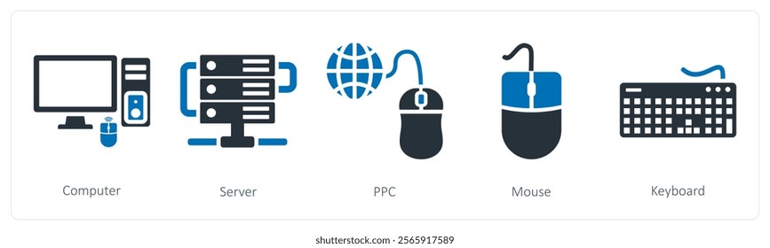 A set of 5 mix icons as computer, server, ppc