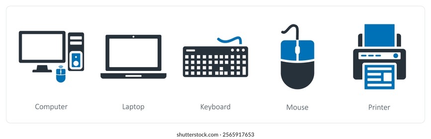 A set of 5 mix icons as computer, laptop, keyboard