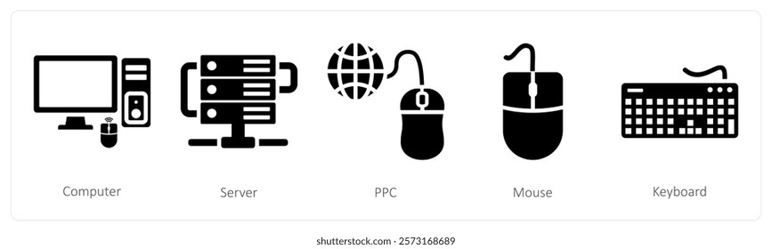 A set of 5 mix icons as computer, server, ppc