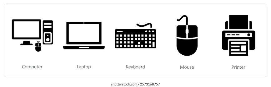 A set of 5 mix icons as computer, laptop, keyboard