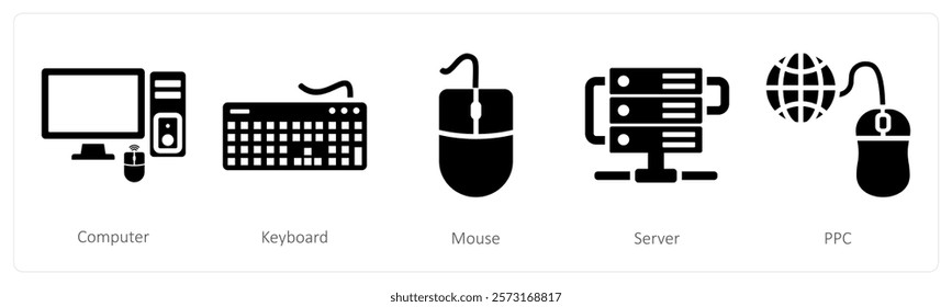 A set of 5 mix icons as computer, keyboard, mouse