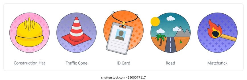 Un conjunto de 5 iconos de la mezcla como sombrero de la construcción, cono del tráfico, tarjeta de la identificación