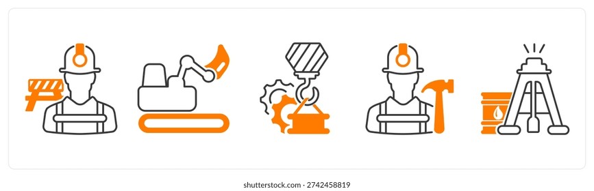 A set of 5 mix icons as construction worker, excavator, crane