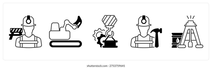 A set of 5 mix icons as construction worker, excavator, crane
