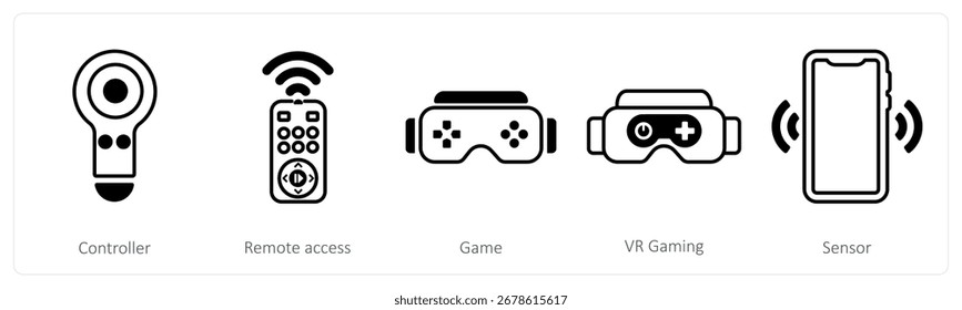 A set of 5 mix icons as controller, remote access, game