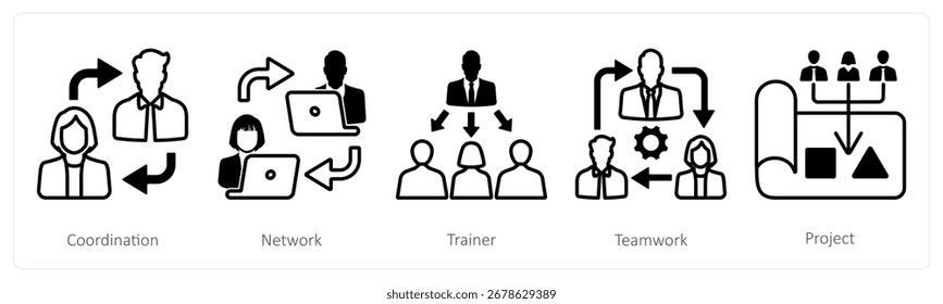 Ein Satz von 5 Mix-Icons als Koordination, Netzwerk, Trainer