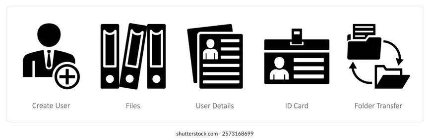 A set of 5 mix icons as create user, files, user details