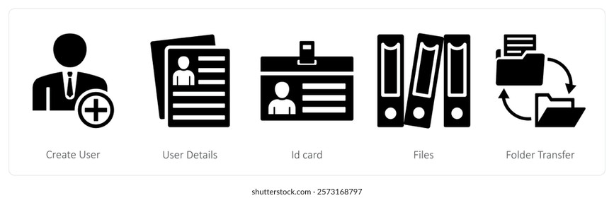 A set of 5 mix icons as create user, user details, id card