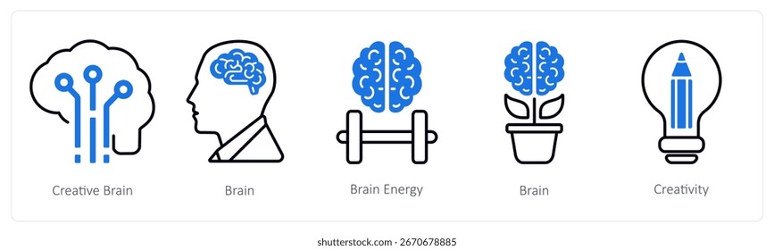 A set of 5 mix icons as creative brain, brain, brain energy