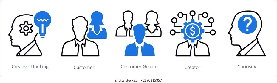 Un conjunto de 5 iconos de la mezcla como pensamiento creativo, Cliente, grupo Cliente