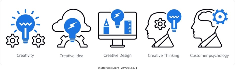 Un conjunto de 5 iconos de la mezcla como creatividad, idea creativa, diseño creativo