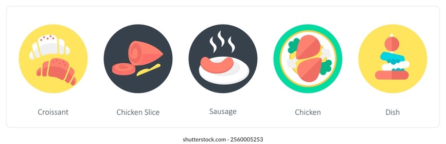 A set of 5 mix icons as croissant, chicken slice, sausage