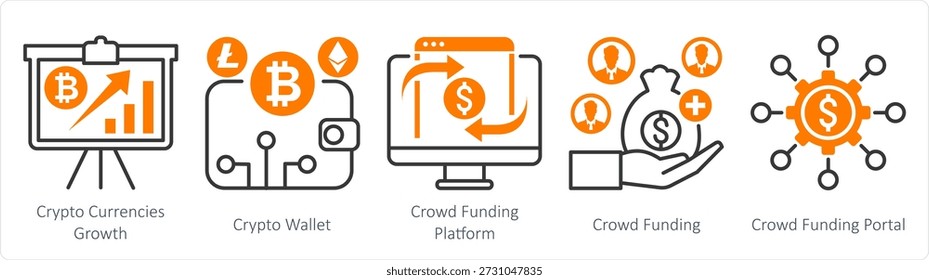 Um conjunto de 5 ícones mistos como crescimento de moedas cripto, carteira cripto, plataforma de crowdfunding