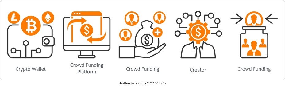 A set of 5 mix icons as crypto wallet, crowdfunding platform, crowdfunding